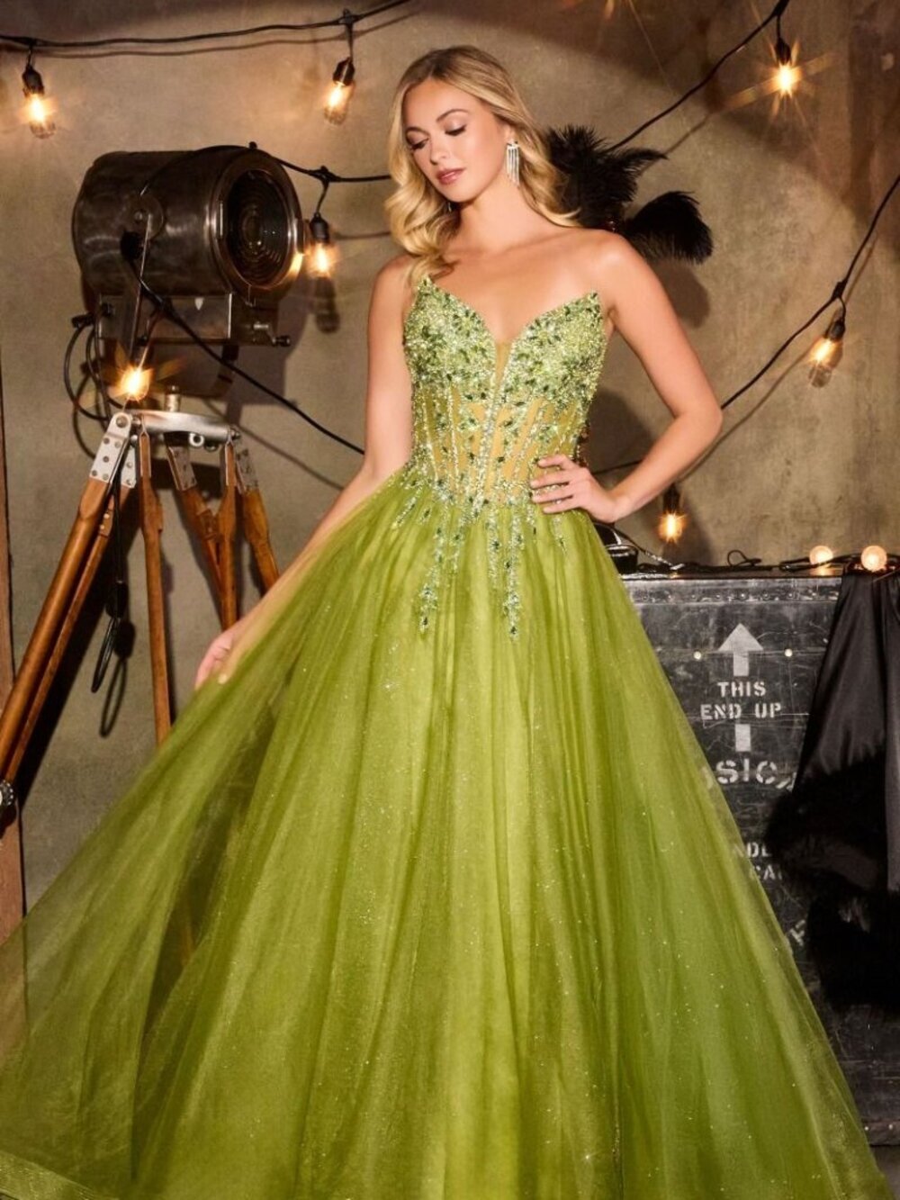 New Greenery Strapless A-Line Tulle Beaded Dress w/ Lace Up Back & V-Neck CD721